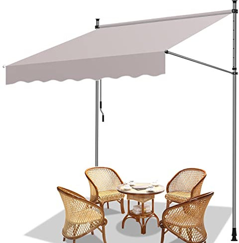 Fiqops Klemmmarkise mit Handkurbel Balkon, UV-beständig, ohne Bohren, 100% Polyester, höhenverstellbar, Sonnenschutz, Terrassenüberdachung, Einfache Montage 150x120 x 200-300 cm Beige