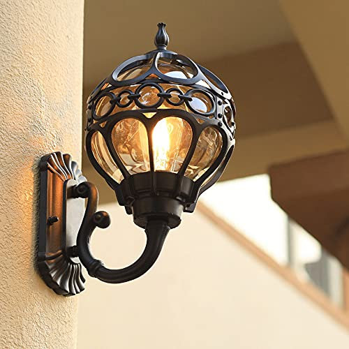 Mengjay Retro Wasserdichte Wandlampe-Antike Außenwandleuchte E27 Gartenlampe Retro Antike Wandleuchte mit Glaslampe Abdeckung Outdoor Lampe Wasserdichte Tür Balkon Villa Außenlampe (Schwarz)