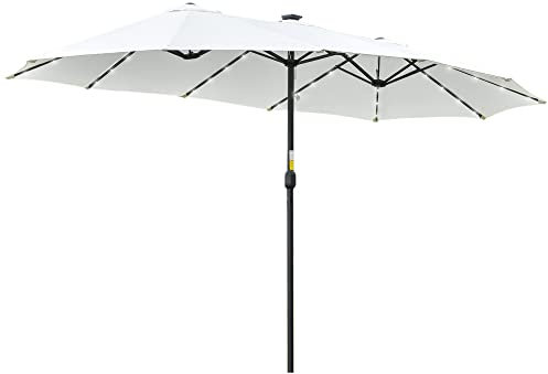 Outsunny Doppelsonnenschirm mit Solar LED 450 x 265 cm, Sonnenschirm mit Handkurbel, oval Balkonschirm Strandschirm windfest stabil Marktschirm Kurbelschirm für Balkon Terrasse Garten, Cremeweiß