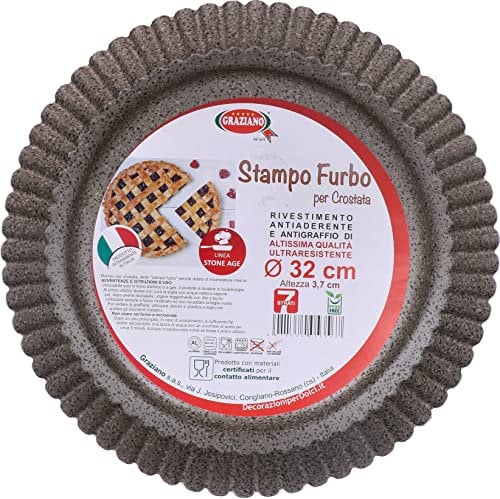 Graziano, Stampo Furbo per Crostata, Realizzato in Acciaio al Carbonio e Dotato di 7 Strati di Rivestimento Antiaderente, Ideale per Realizzare Crostate Dolci e Salate, Colore Nero, ø 32 cm