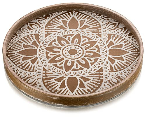 Hanobe Round Wood Decorative Tray: Boho Coffee Table Tray Farmhouse Rustic Brown Centerpiece Decor Wooden Serving Trays Circle Tray for Kitchen Counter Bohemian Ottoman Tray for Home