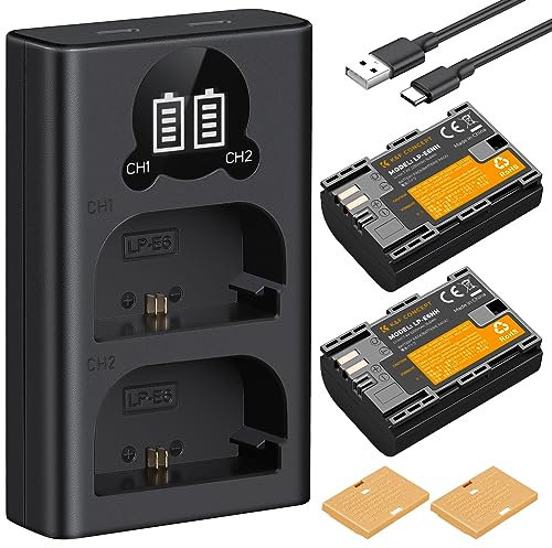 K&F Concept LP-E6NH Battery and Dual LCD Charger Set, 2 Pack 2250mAh Replacement Batteries for Canon EOS R7 R6 R5 90D 80D 70D 5D III IV 6D 7D II