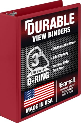 Samsill Durable 3 inch 3 Ring Binder, Made in USA, D Ring Binder, FSC 100% Recycled Chipboard, Red