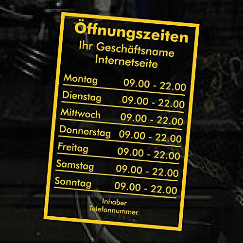 Autocollant horaires d'ouverture – jaune – avec cadre – étiquette de vitrine pour publicité magasin – disque bistro