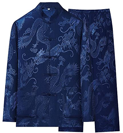 YEMYIQZ Kung Fu Uniform for Men Shirt Suit Chinese Traditional Tang Hanfu Martial Arts Wing Chun Tai Chi Training Cloth Jacket Pants (as1, alpha, l, regular, regular, Blue)