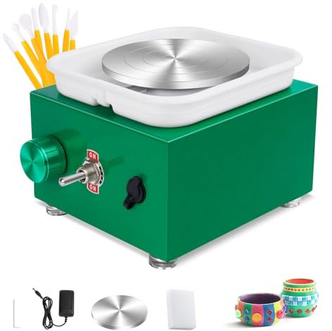 Pottery Wheel, Electric Mini Pottery Wheel with Detachable ABS Basin, 10cm 6.5cm Turntable Ceramic Clay Tool Kit, 2000RPM Adjustable Speed, Ideal for Art Craft Gift (Green)