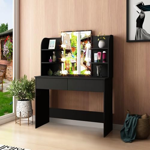 Dressing Table with LED Lights Mirror, Black Vanity Table with 2 Drawers 6 Shelves, Modern Makeup Cosmetic Dresser Table for Girls Women, Bedroom Furniture 96x42x142cm