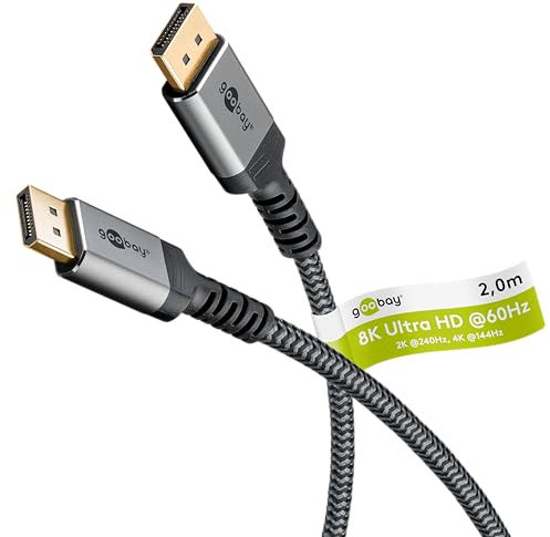 goobay 65265 Displayport Kabel 1.4 / Auflösung bis 8K@60Hz (UHD) / 32,4 Gbit/s für Reduzierung von Übertragungsfehlern/Gaming & Video Streaming/Vergoldete Stecker beugen Korrosion vor/Grau / 2m