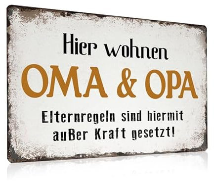 ESFIVHO Retro Blechschilder Oma Opa Schild 20x30cm - Metallschilder mit lustig Sprüchen - HIER WOHNEN OMA OPA - Geschenkideen für Geburtstag Großeltern Rentner Senioren Enkelkinder lieben.W3