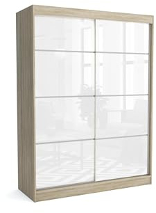 Brent - Kleiderschrank mit Schiebetüren July 160cm Breit, Schlafzimmerschrank mit 1 Kleiderstange und Einlegeböden für Kleidung, Kleiderschrank Sonoma Eiche/Weiß Hochglanz
