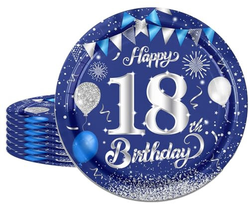 16 Navy Blue 18th Birthday Plates - 9 Paper Tableware for Party Decorations