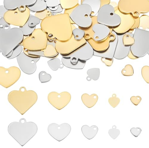 WADORN 80 Stück Leere Metall Herzanhänger, 5 Stile Edelstahl Rohling Herz Anhänger Flache Herz Stanzrohlinge Tag Charms Für DIY Schmuckherstellung Ohrring Armband Halskette