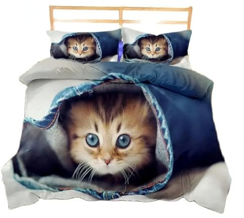 KnorRs Niedliche Katze Biber Bettwäsche 155x220, Weiche Flauschige Katzenmotiv Bettbezüge Mit Kissenbezug 80x80cm Mit Reißverschluss (A2,220x240cm + 80x80 cm)