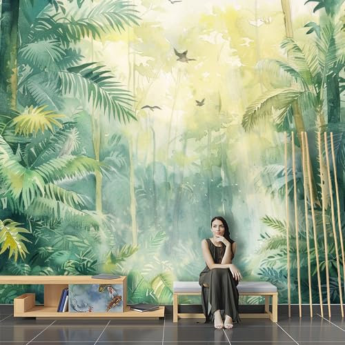 SPECUFX Papier Peint Panoramique Mural 3d Soie Aquarelle Forêt Arbres Vert Paysage Décoratives Chambre Salon Chambre A Enfant Coucherr Bureau Salle Cuisine Motif Texture