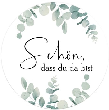 BETESSIN 120 Stück Gastgeschenke Hochzeit Aufkleber 4cm - Schön dass du da bist - Selbstklebende Etiketten im Eukalyptus Design - Hochzeit Sticker für Karten, Papiertüten und Geschenkverpackungen
