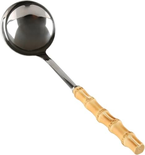 Louche à soupe avec long manche - Ustensile de cuisine en acier inoxydable - Longue racine de bambou - Poignée en bois résistante à la chaleur - Grande cuillère de service - Louche à soupe pour