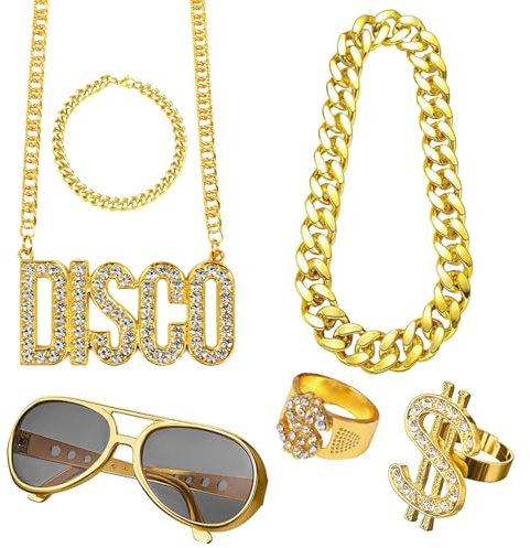 IOPJLK Dollar Kette Set, 6 Stück Goldkette Kostüm, Zuhälter Kostüm Hip Hop Rapper Punk Gold Kette Goldring Fasching & Karneval für 70er,80er,90er Jahre Accessoires