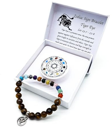 Sternzeichen Edelstein Armband in Geschenkbox | Schutz Glück Liebe Energie (Löwe Tigerauge, 18 cm)