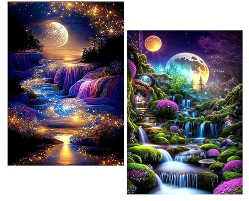 TAIXING 2 Piezas Diamond-Painting Kit Completo, 5D Pintura Diamante Adultos, 30x40cm Pintura de Diamantes Vista Nocturna del Mar, Cuadro Diamantes para Sala de Estar Dormitorio Decoración de Pared
