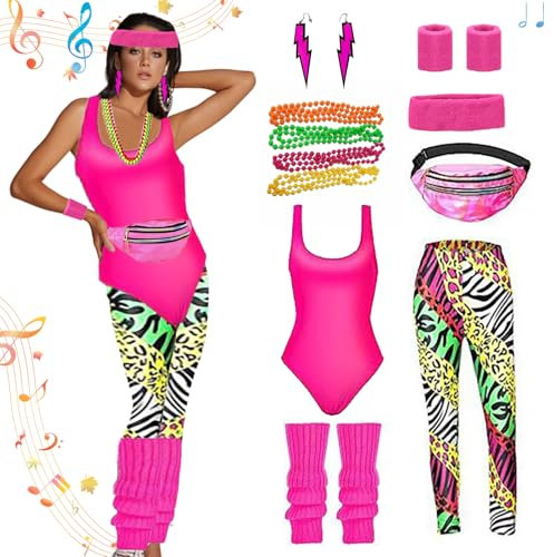 Yootiko 80er Jahre Outfit Damen,80er Aerobic Outfit Kleidung Retro Neon Kostüm Outfit Accessoires Top Leggings Stirnband Handschlaufe Beinschutz Bauchtasche Ohrringe 7 Teiliges für Karneval Mottoparty