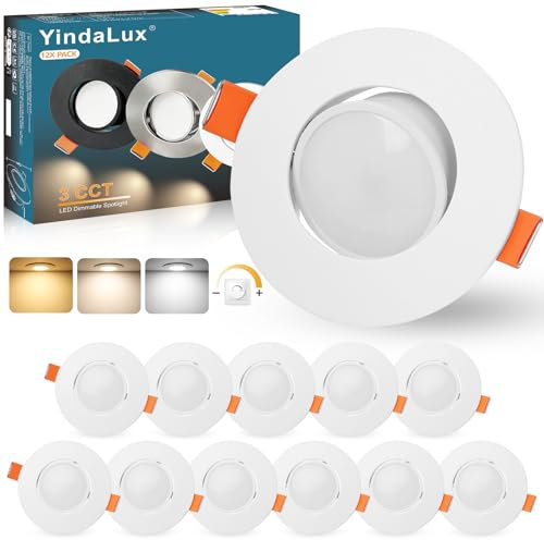 YindaLux LED Einbaustrahler 230V Dimmbar Schwenkbar Einbauspots 5W IP44 Deckenspots 68-80mm Lochmaß Spot 3000K/4000K/6000K Einbauleuchten für Badezimmer Wohnzimmer Küche Weiß 12er Set