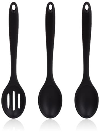 UEIOAVL Cucharas de Cocina, 3 Piezas de Silicona Antiadherentes, Mango Largo de 20 cm, Negro