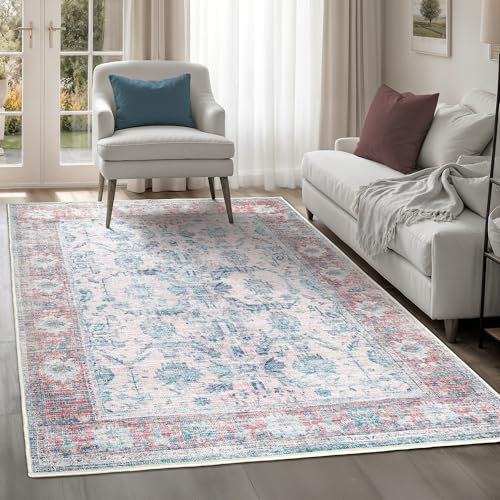 artyrugs Tapis Lavable en Machine, 122x170cm, 75% Coton Recyclé, Poils Courts, Dos Antidérapant, Ne Perd Pas Ses Fibres, Tapis pour Salon, Chambre, Cuisine, Couloir, Bureau, Bleu Pâle & Rose
