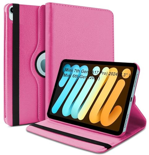 World biz Rotating Case for iPad mini (A17 Pro, 2024 Model, 7th Generation) / mini 6 (2021 Model, 6th Generation), 360 Degree Rotating Leather Protective Stand Cover, Auto Wake Sleep (Pink)