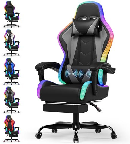 Devoko Fauteuil de Bureau Gamer Ergonomique – LED, Massage Lombaire, Repose-Pieds & Appui-tête réglables – Chaise Gaming pour Travail & Loisir – 180 kg – Gris