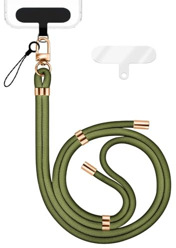 NALIA HoldMe Universal Handykette für Smartphone & Handyhüllen, Nylon-Seil Verstellbar & Abnehmbar, Umhänge-Band, Handyband, Lanyard mit Karabiner (gold) & 2 Patches, Farbe:Oliv Grün