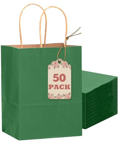 Gcardist 50 Stück Tiefgrün Kleinei-Geschenktüten aus Papier mit Henkeln–8.3×6×3.15-Tüten Kleine Partygeschenktüten für vielfältige Verwendungszwecke