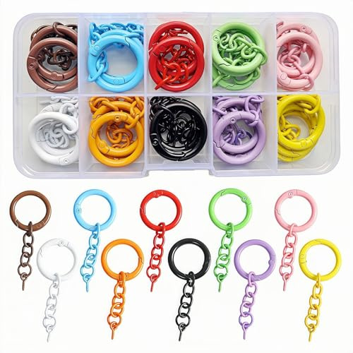 Fubuuf Lot de 30 Porte-clés DIY avec Chaîne et Vis à Œil, Anneaux Ronds à Ressort en Métal avec Boîte de Rangement Transparente pour Travaux Manuels, Décoration de Sacs, Organisation de Clés