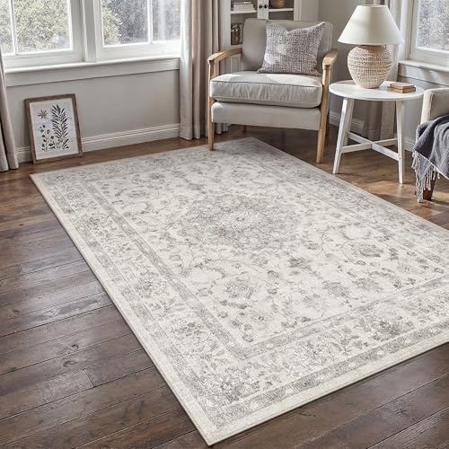 PureCozy Grau Teppich Wohnzimmer 120x170cm Waschbarer Vintage Teppiche | Rutschfest Kurzflor,Weich Teppiche,Wohnzimmerteppich,Schlafzimmer,Esszimmer,Büro,Kinderzimmer