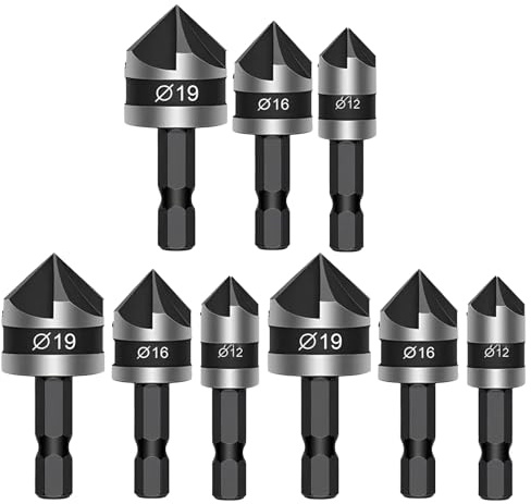 9Pcs Countersink Drill Bit 1/4 Inch 12mm/16mm/19mm Countersink Drill Bit Hex Shank For Wood For Woodworking, Soft Metals