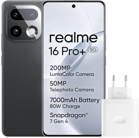 realme 16 Pro+ 5G Smartphone, 8GB+256GB, Display Curvo AMOLED 144Hz 6,8, Batteria 7000mAh, Fotocamera 200MP OIS, IP69K, Ricarica Rapida 80W, Doppia SIM, Next AI, Grigio (Con Adattatore)