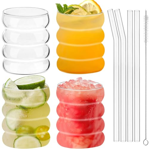 YIRUIEU 4 Stück Gerippte Trinkgläser mit Glasstrohhalmen, 350ML Bubble Gläser, Matcha Glas mit Strohhalm, Kaffeegläser, Gerippte Eiskaffee Gläser für Cocktails Whiskey Tee Soda Kaffee
