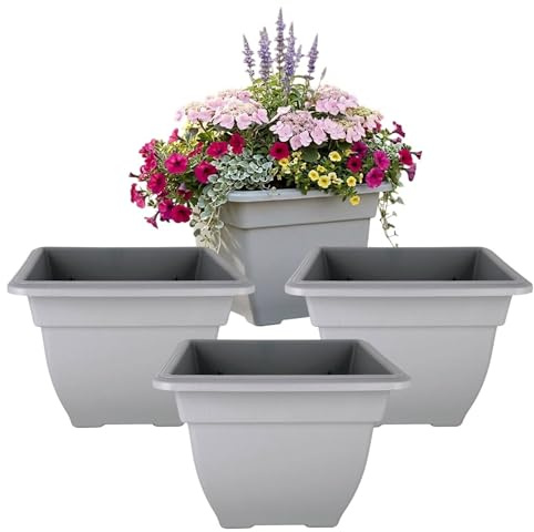 Shop4allsorts 4 x Grey 38cm medium square bell plant pot - plastic plant pot – medium sized indoor and outdoor garden planter - traditional bell shape pot - herb and flower planter.