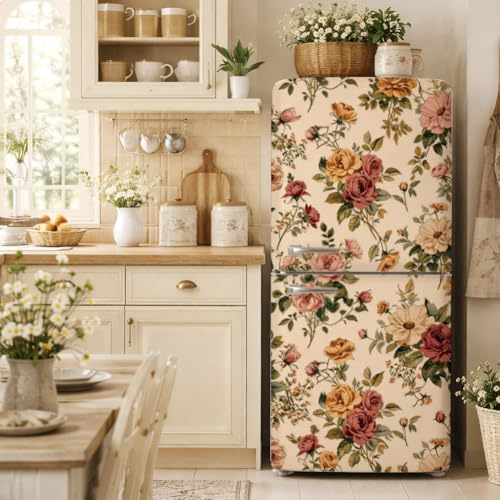 GOMAKERER 2 Pcs Vintage Beige Floral Removable Refrigerator Wraps, Rose Flower Self-Adhesive Fridge Door Mural Vinyl Freezers Panel Cover Sticker for Kitchen Bar Decor, 41.5x200cm