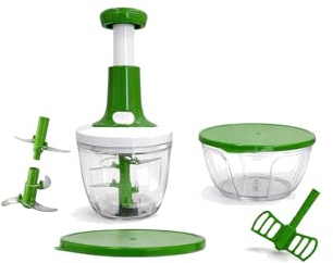 Tritatutto Manuale 2 Contenitori 5 Lame acciaio Frusta – Mini Mixer da Cucina a Pressione Turbo Chopper – Trita Verdure, Frutta, Biscotti e Frutta Secca – Facile e Veloce Senza Elettricità
