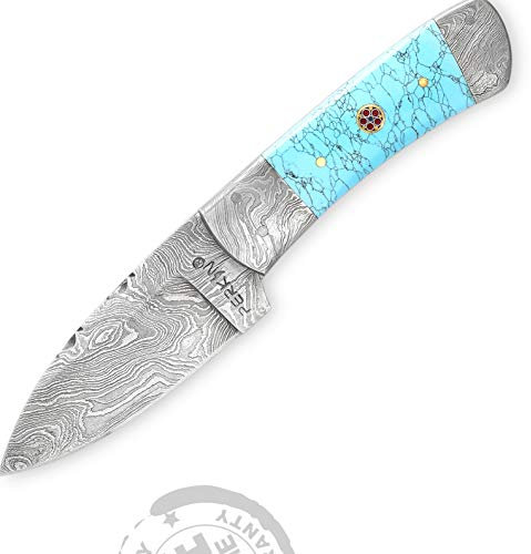 Perkin Coltello damascato, coltello da caccia, fatto a mano, damascato, 19,3 cm, manico turchese