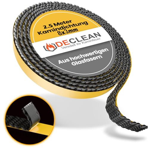 DeClean Kamindichtung Ofendichtschnur – selbstklebendes Ofendichtband – hitzebeständig bis 550° C – aus hochwertigen Glasfasern – Breite 8 x 3mm – Längen: 2,5 Meter