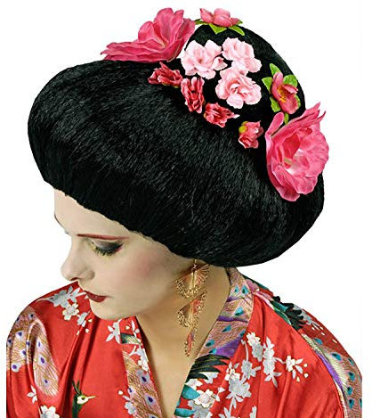 Unbekannt Geisha Perücke Geiko mit Blüten - Schwarz Pink - Zubehör Kostüm Chinesin Japanerin Asiatin