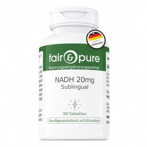 Fair & Pure NADH 20mg Tagesdosis, 90 Tabletten, schluckfreundlich, veganes Nahrungsergänzungsmittel ohne Zusätze, in Deutschland hergestellt