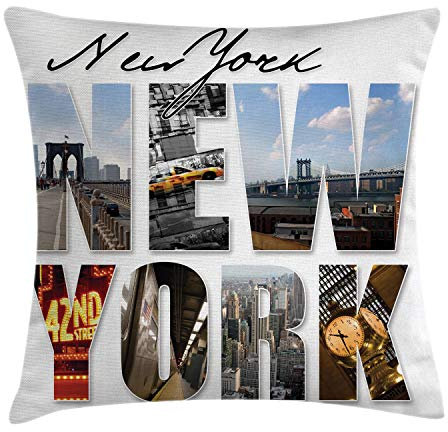 ABAKUHAUS Vereinigte Staaten Kissenbezug, New York Collage, Dekokissenhüllen Waschbar Inn/Outdoor Beidseitiger Druck mit Reißverschluß, 50 x 50 cm, Weiß Schwarz