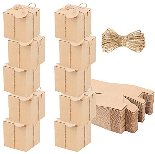 Belle Vous 100 Stk Geschenkbox mit Deckel aus Braunem Kraftpapier 5 x 5 x 5 cm - Quadratische Pappschachteln mit Deckel & Juteschnur für Basteln, Party & Hochzeit Gastgeschenke - Montagefreundlich