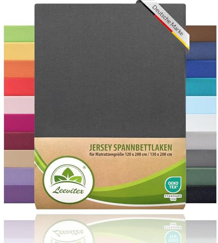 leevitex® Spannbettlaken 120x200cm - 130x200cm | Spannbetttuch Bettlaken | 100% Jersey Baumwolle | Matratzenhöhe bis 25 cm | Ökotex | Anthrazit