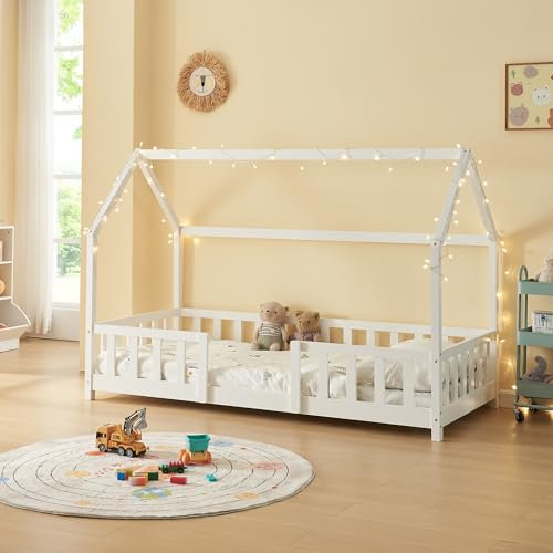 [en.casa] Kinderbett Sisimiut Hausbett Montessori 90 x 200 cm mit Rausfallschutz Holzbett für Kinder Bodenbett Lattenrost Kiefernholz Weiß matt