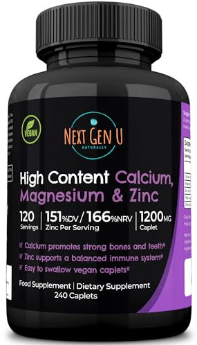 Calcium Magnesium Zinc - Essential Mineral Supplement - 240 Vegan Caplets - for Immune Support and Bone Strength - for Adults Women and Men - by NextGenU