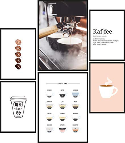 Papierschmiede® Mood Poster Set Kaffee, Gerahmte Bilder in schwarzen Holzrahmen, Küche & Wohnzimmer, 2x DIN A4 und 4x DIN A5, Küche Espresso Cappuccino