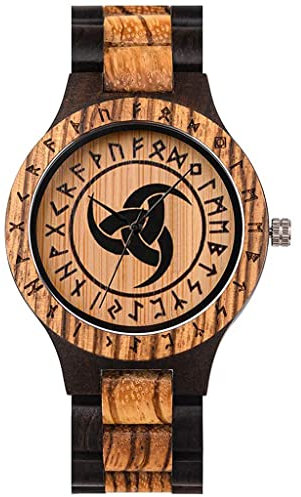 YCYR Herren Wikinger Bambus Holzuhr, Nordische Mythologie Rune Doppelte Farbabstimmung Vintage Handgemachte Quarzuhren Schmuck Geschenk mit Einstellbar Gurt,Horn of Odin
